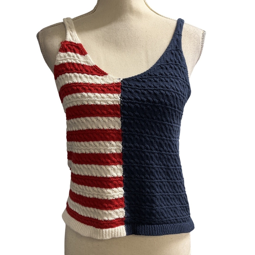 American Flag Cable Knit Tank Top Size L Patriotic USA 4th July Pool Party 90s